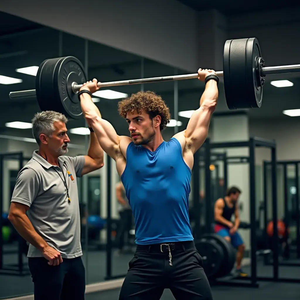 Zona del gimnasio equipada con pesas libres y máquinas de entrenamiento.