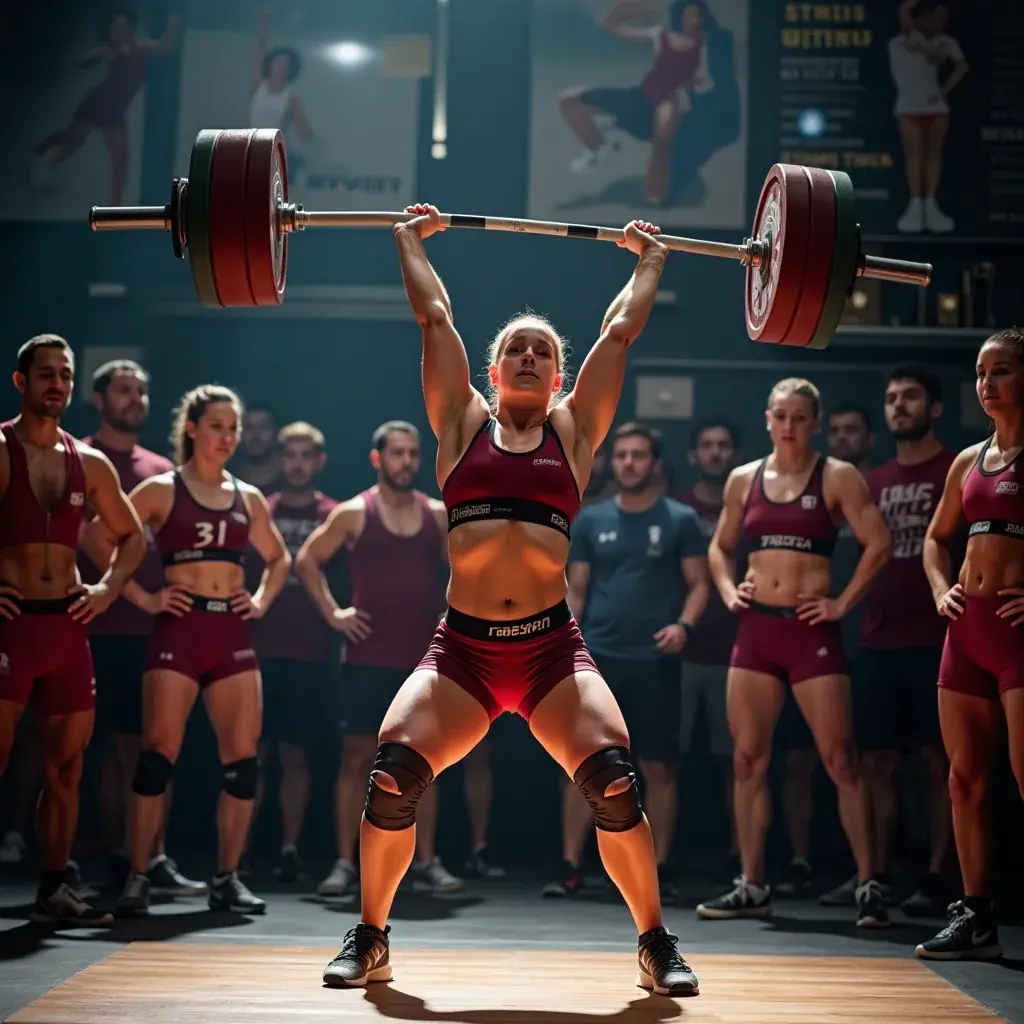 Grupo de levantadores de pesas celebrando un logro durante una competición.